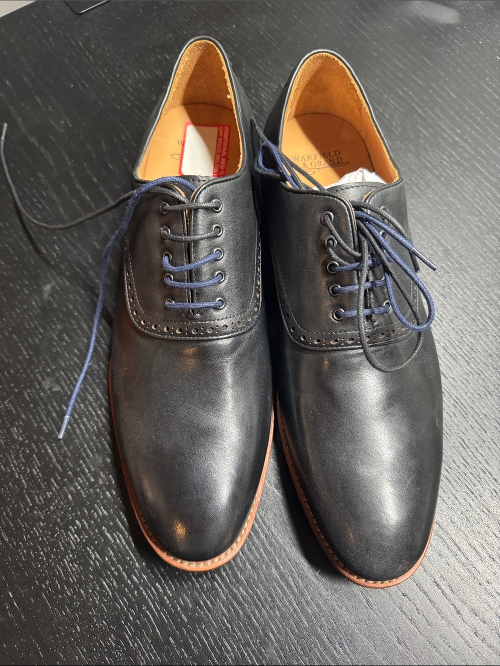 Warfield & Grand Black Leather Derby Shoes with Navy Laces